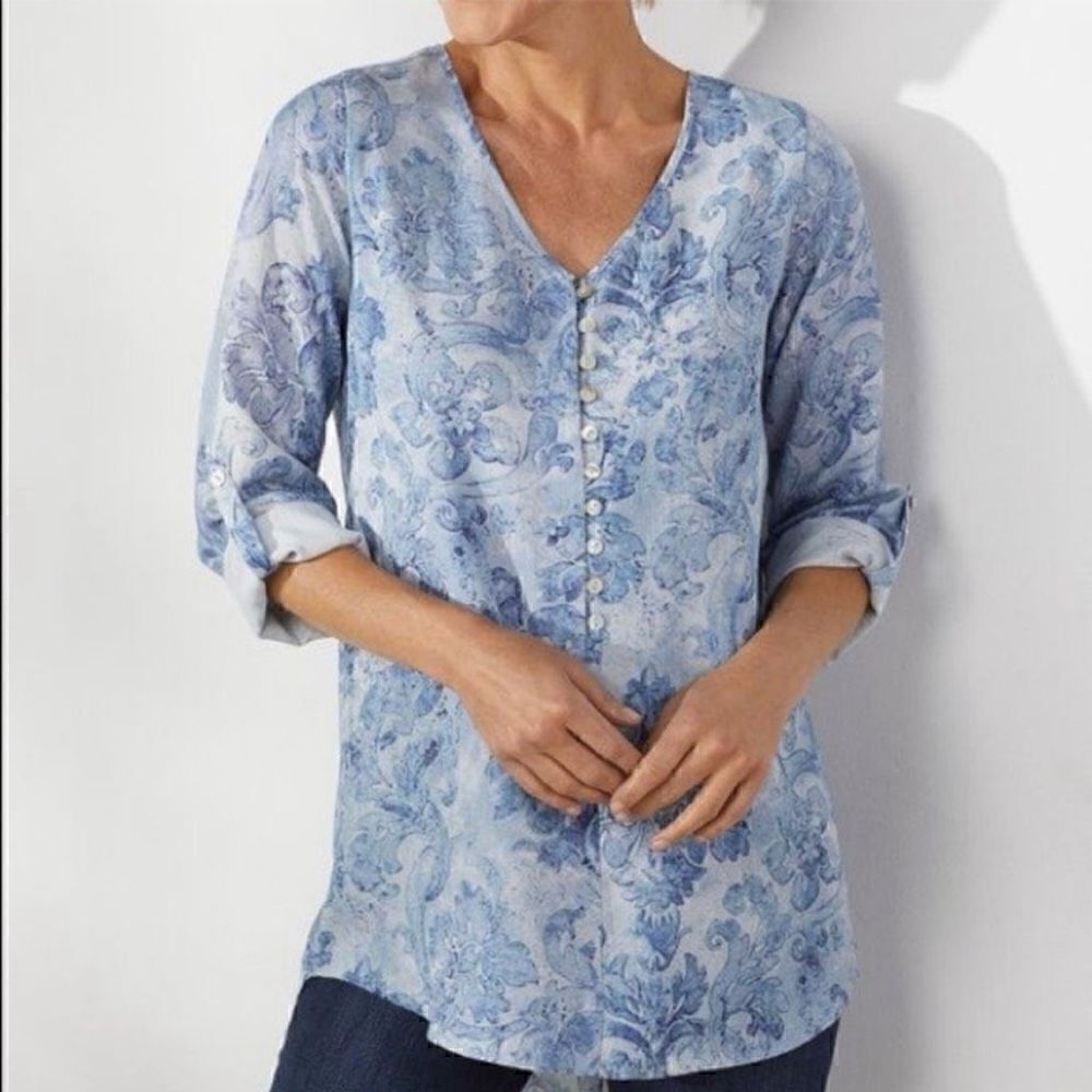Soft Surroundings Sardinia Tencel Roll Tab Sleeve Blouse.